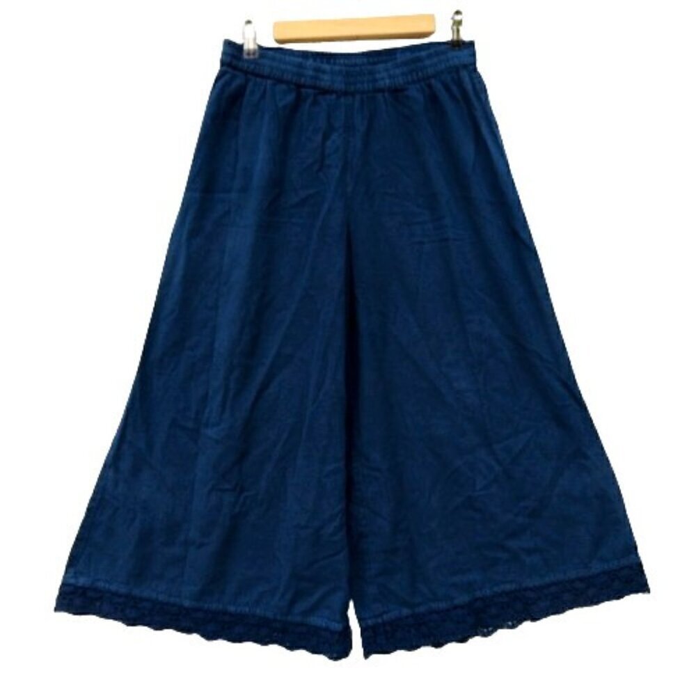 Utsa Women's Wide Leg Crop Pants Size M Navy Blue Lagenlook Lace Cuff Cotton